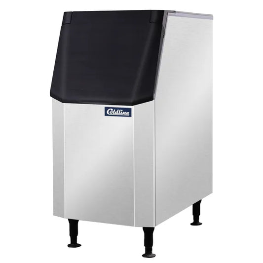 Commercial stainless steel 22-inch ice storage bin (Coldline B305-22) with lift-up front door, insulated interior, and adjustable legs, designed to hold up to 305 pounds of ice beneath a modular ice machine.