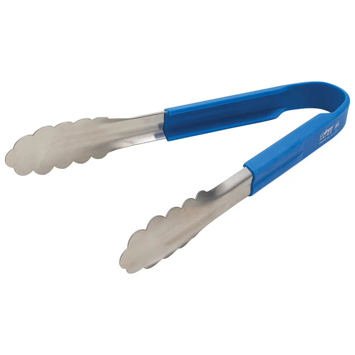  (Blue 12", Black 12", Red 12", Blue 9-1/2", Black 9-1/2", Red 9-1/2") Utility Tong resist rust and corrosion even after frequent use in commercial kitchens. Ideal for flipping pan-fried chicken or pulling pork tenderloins from baking racks, this kitchen utensil’s thin scalloped tips increase grip on hot or cold food items. Its silicone handle protects users’ hands from burns and provides insulation when placed or used in cold temperatures. 