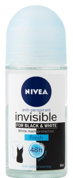 Nivea Men&Women Invisible Black & White Fresh roll-on deodorant, 50 ml, offering long-lasting freshness and stain protection for clothes.