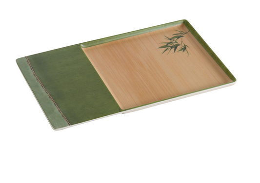 Yanco Rectangular Plate BA-2112 It is made from durable and reliable melamine material, which makes the plate look like ceramics. You can use this stylish plate to serve any dish you want. For example, you can use it for presenting cakes, appetizers or serving hot meals. The Bamboo collection has an elegant and stylish design. Performed in classic green color and natural bamboo look design, it will perfectly fit any restaurant environment.