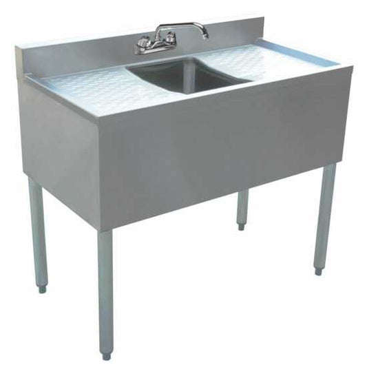 Prepline 1 bowl stainless steel underbar hand sink with faucet and two drainboards, 36" x 18" for commercial kitchens.