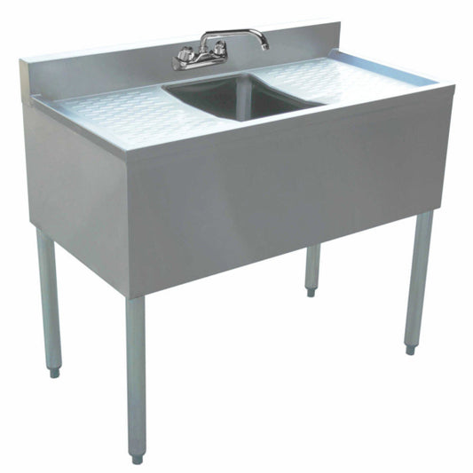 Prepline stainless steel 1-bowl underbar hand sink with faucet and dual drainboards, measuring 36" x 18". Ideal for commercial spaces, it offers durability, efficient handwashing, and extra workspace, making it perfect for bars and kitchens.