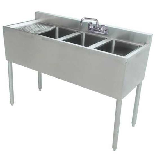 Prepline stainless steel 3 bowl underbar hand sink with faucet and left drainboard, dimensions 48" x 18