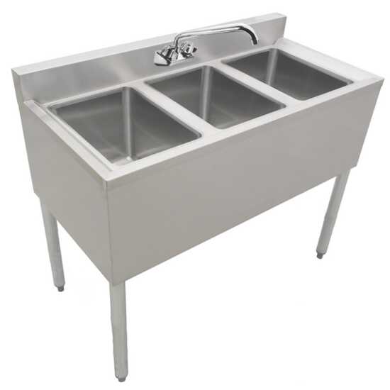 Prepline stainless steel 3 bowl underbar hand sink with faucet, dimensions 36" x 18