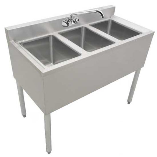 Prepline stainless steel 3 bowl underbar hand sink with faucet, dimensions 36" x 18