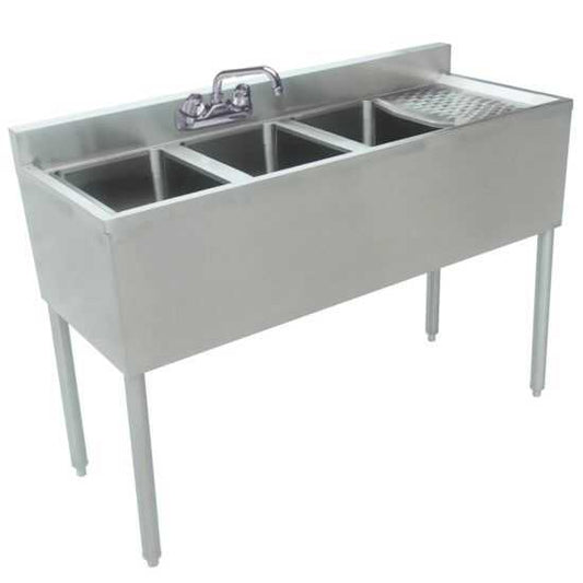 Prepline stainless steel 3 bowl underbar hand sink with faucet and right drainboard, dimensions 48" x 18