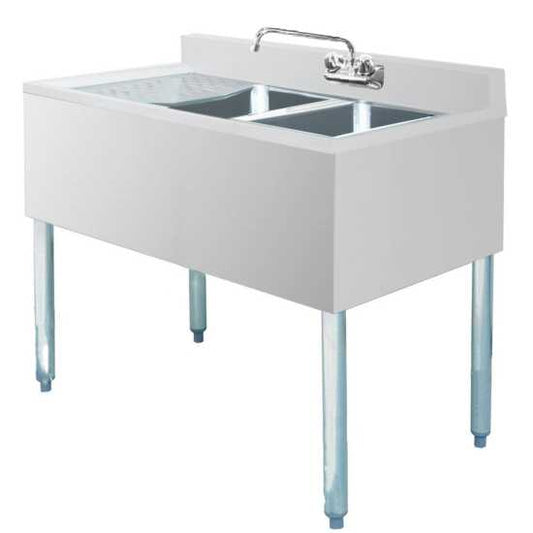 Prepline stainless steel 2 bowl underbar hand sink with faucet and left drainboard, dimensions 36" x 18