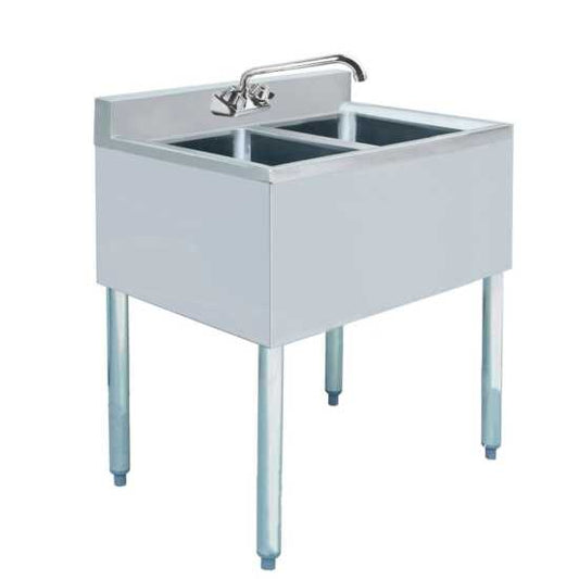 Prepline 2 bowl stainless steel underbar hand sink with faucet, 14" x 26" for commercial use.
