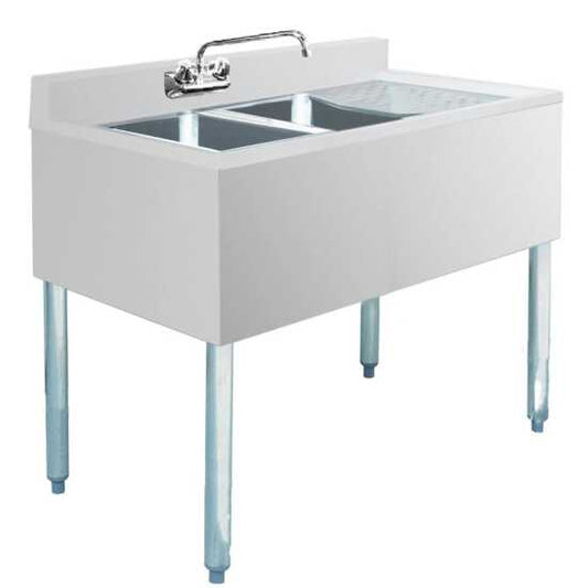 Prepline stainless steel 2 bowl underbar hand sink with faucet and right drainboard, dimensions 36" x 18
