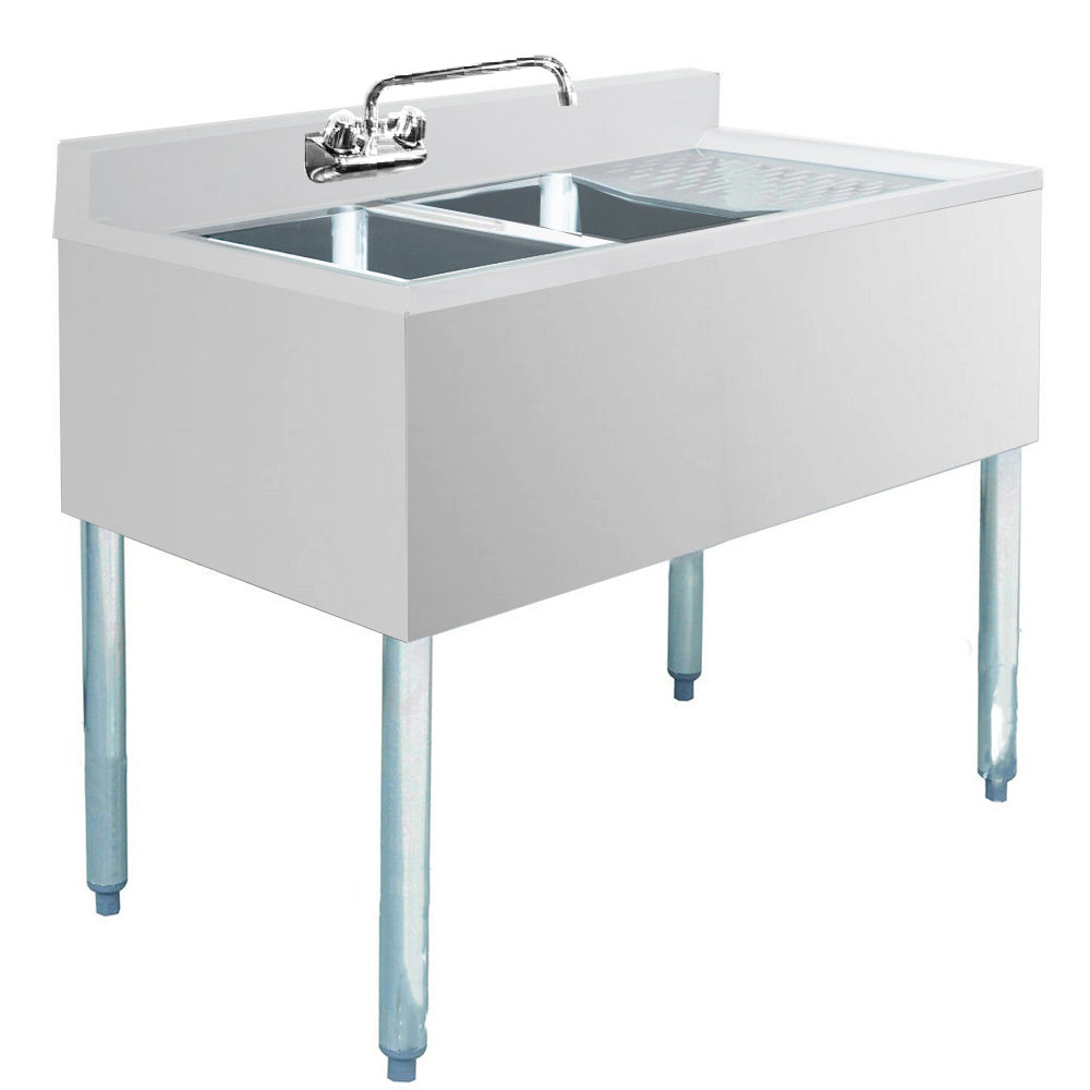 Prepline 2 bowl stainless steel underbar hand sink with faucet, 14" x 26" for commercial use.