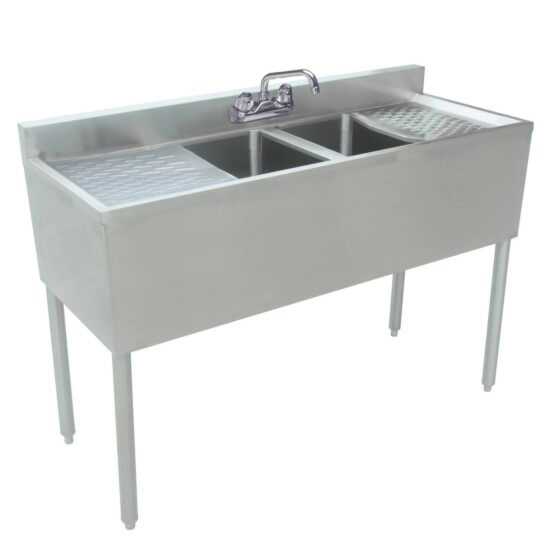 Prepline stainless steel 2 bowl underbar hand sink with faucet and two drainboards, dimensions 48" x 18