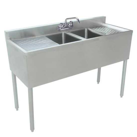 Prepline stainless steel 2 bowl underbar hand sink with faucet and two drainboards, dimensions 48" x 18