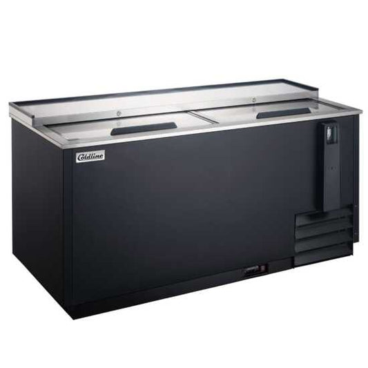 Coldline BBC-65 65-inch horizontal reach-in black bottle cooler with 18 cu. ft. capacity. Designed for busy bars and restaurants, this large cooler keeps bottles cold and organized for high-demand service.