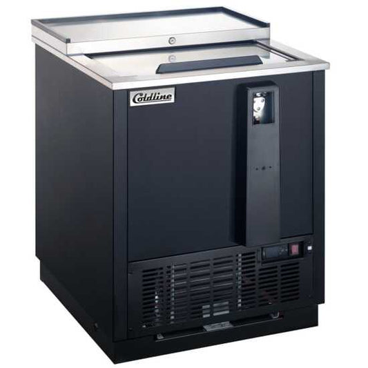 Coldline BBC-25 25-inch horizontal reach-in black bottle cooler with 5 cu. ft. capacity. Ideal for bars and restaurants, this compact cooler keeps bottles cold and easily accessible for quick service.