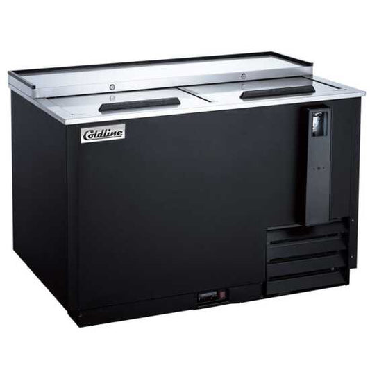 Coldline BBC-50 50-inch horizontal reach-in black bottle cooler with 13 cu. ft. capacity. Perfect for high-volume bars and restaurants, this spacious cooler keeps bottles cold and within easy reach.