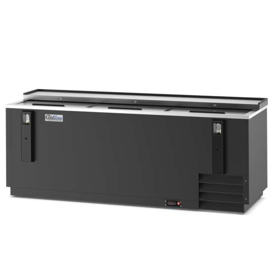 Coldline BBC-80 80-inch horizontal reach-in black bottle cooler with a 23 cu. ft. capacity, featuring a durable design for efficiently chilling and storing beverages in commercial settings.