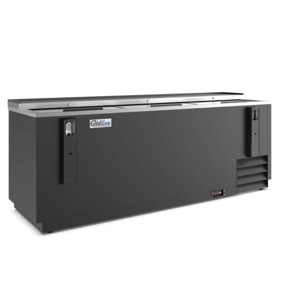 Coldline BBC-80 80-inch horizontal reach-in black bottle cooler with a 23 cu. ft. capacity, featuring a durable design for efficiently chilling and storing beverages in commercial settings.