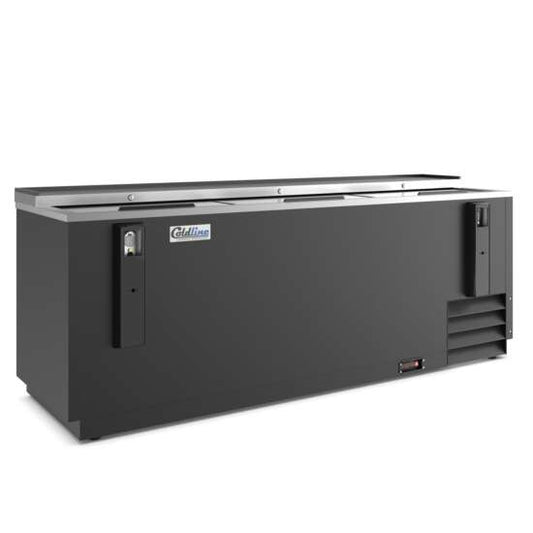 Coldline BBC-80 80-inch horizontal reach-in black bottle cooler with a 23 cu. ft. capacity, featuring a durable design for efficiently chilling and storing beverages in commercial settings.