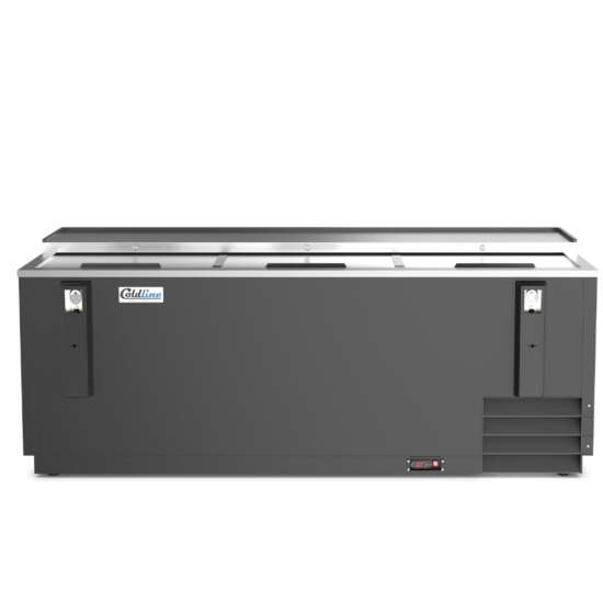 Coldline BBC-80 80-inch horizontal reach-in black bottle cooler with a 23 cu. ft. capacity, featuring a durable design for efficiently chilling and storing beverages in commercial settings.