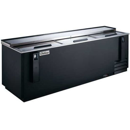 Coldline BBC-95 95-inch horizontal reach-in black bottle cooler with 27 cu. ft. capacity. Ideal for high-traffic bars and restaurants, this expansive cooler keeps a large quantity of bottles cold and accessible.