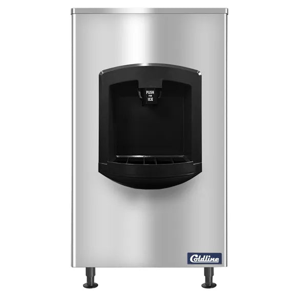 Coldline BD250-30 hotel ice dispenser bin with 250 lb. ice storage capacity for hotels, motels, cafeterias, and commercial food service areas. Provides convenient self-service ice access and works with compatible modular ice machines. Durable commercial ice storage solution for high-traffic hospitality use.