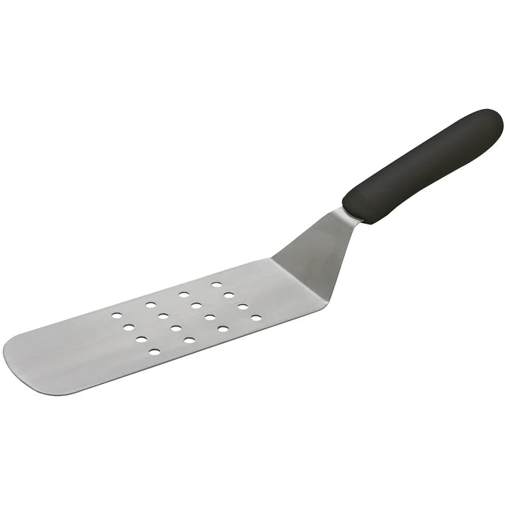 Perforated Flexible Turner w/ Offset 12/Pack designed with meticulously placed holes on its surface, allows excess oil to drip off while its rounded edges allow it to slide easily under omelets, pancakes, and french toast. Thanks to its non-slip polypropylene handle with an ergonomic design, this item fits comfortably in your hand for a secure grip. Perfect for lifting and serving oily foods like burgers and sausages from the grill. This model is also dishwasher safe and NSF listed.