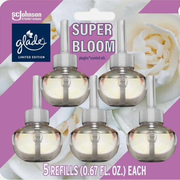 Five Glade Super Bloom scented oil refills, 0.67 oz each, for plug-in warmers, with a fresh, vibrant floral fragrance.