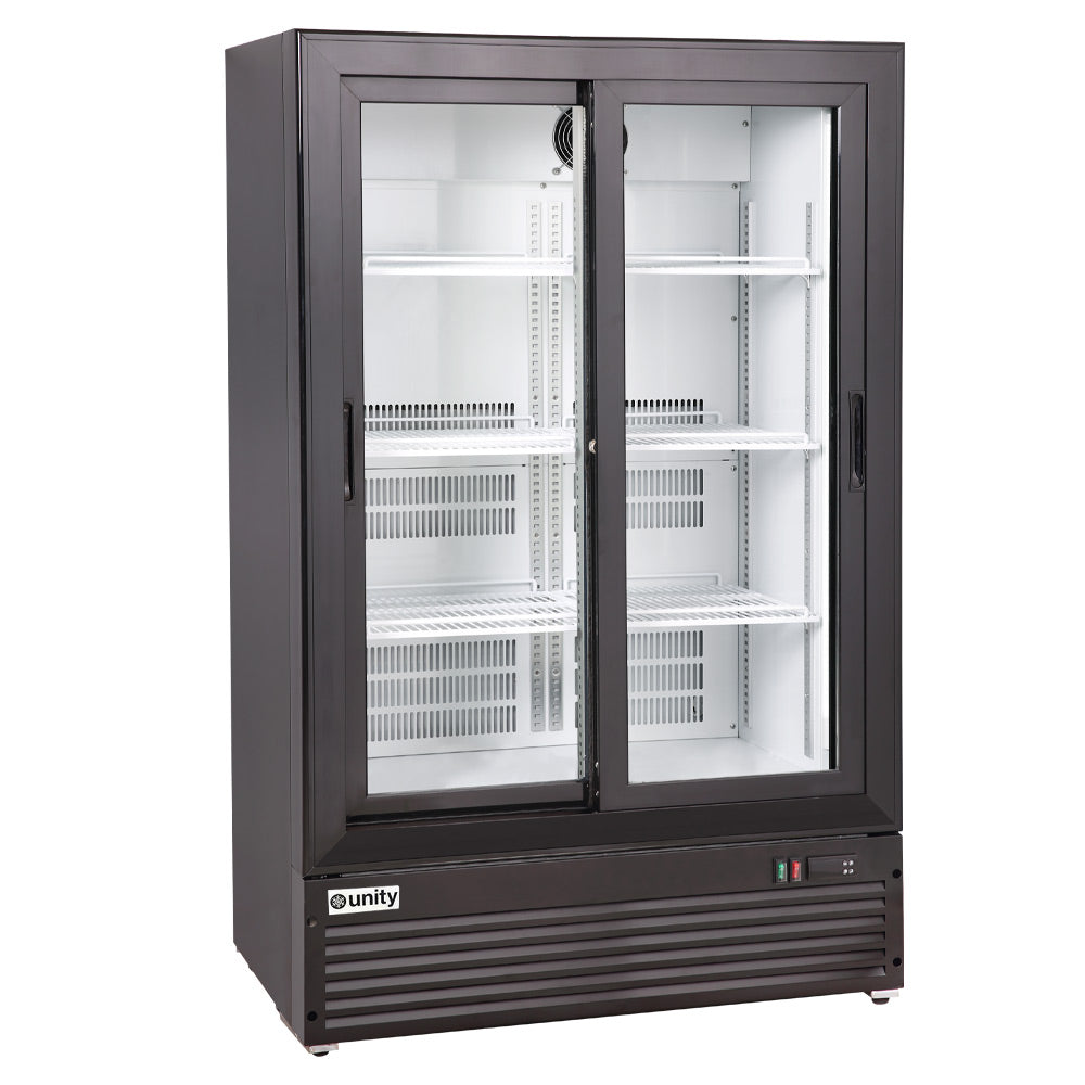 Unity BLU-36SB 36-inch narrow low profile merchandiser refrigerator with two sliding glass doors LED lighting and black finish for space-saving refrigerated display in retail and foodservice settings