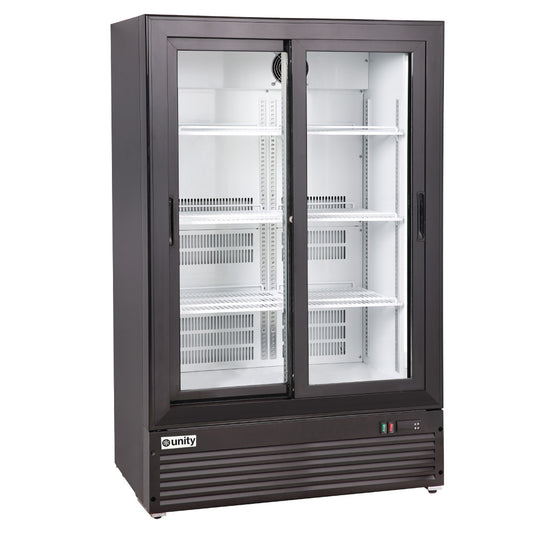 Unity BLU-36SB 36-inch narrow low profile merchandiser refrigerator with two sliding glass doors LED lighting and black finish for space-saving refrigerated display in retail and foodservice settings