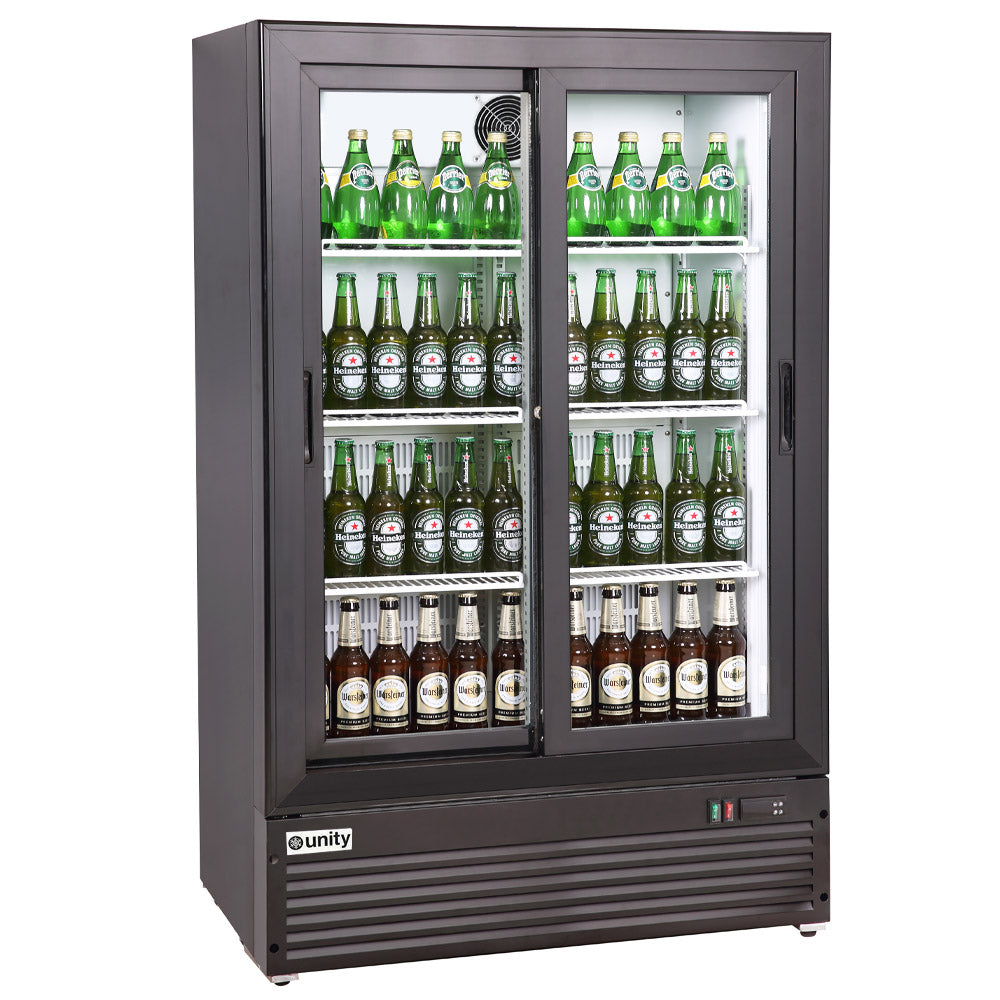 Unity BLU-36SB 36-inch narrow low profile merchandiser refrigerator with two sliding glass doors LED lighting and black finish for space-saving refrigerated display in retail and foodservice settings