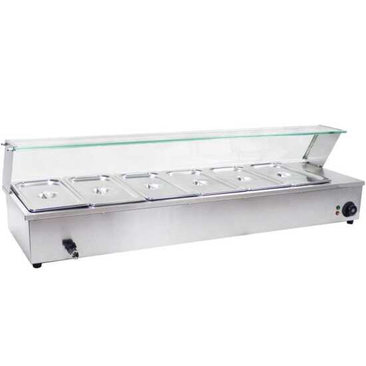 Prepline BM6 48-inch countertop bain marie food warmer designed for six 1/3 size pans, 110V, ideal for keeping food at serving temperature in commercial kitchens, buffets, and catering events.