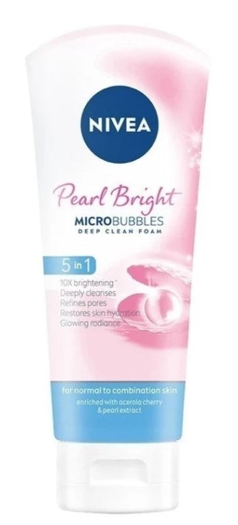 Nivea Pearl Bright Microbubbles Deep Clean Foam 5-in-1, 100 ml gentle facial cleanser that deep cleanses, brightens, and refreshes skin