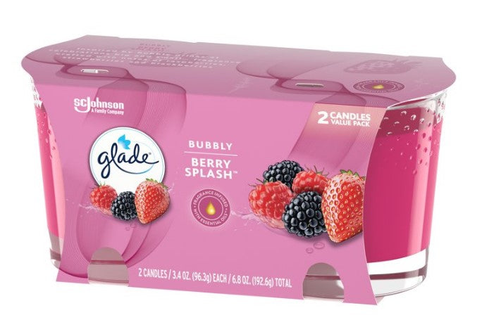 Two Glade Bubbly Berry Splash scented candles in glass jars, 3.4 oz each, releasing a bright, fruity berry fragrance.