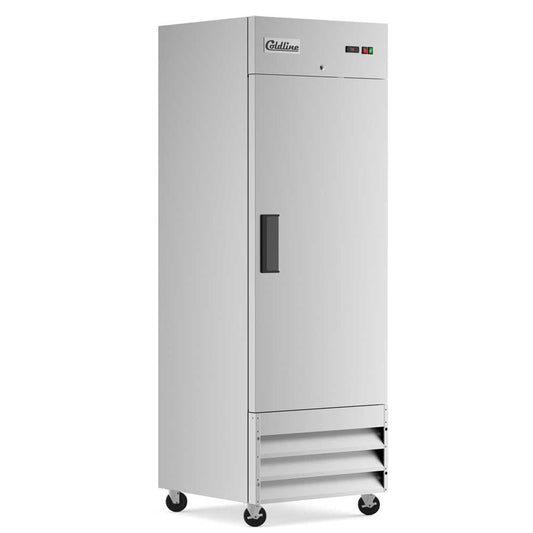 Single-door reach-in refrigerator with a 25-inch width, 23.5-inch narrow depth, and 64.7-inch height, featuring a stainless steel interior and exterior. It has an 11 cubic foot capacity for storage.