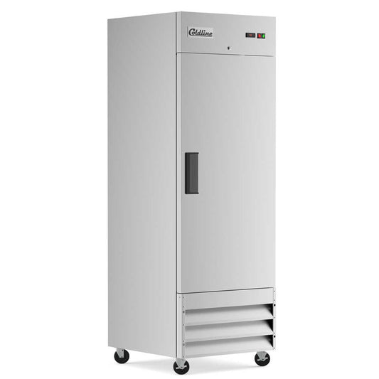 Alt text: "Single-door 29-inch reach-in freezer with a 32-inch depth, stainless steel interior and exterior, and a 20.6 cubic foot storage capacity."