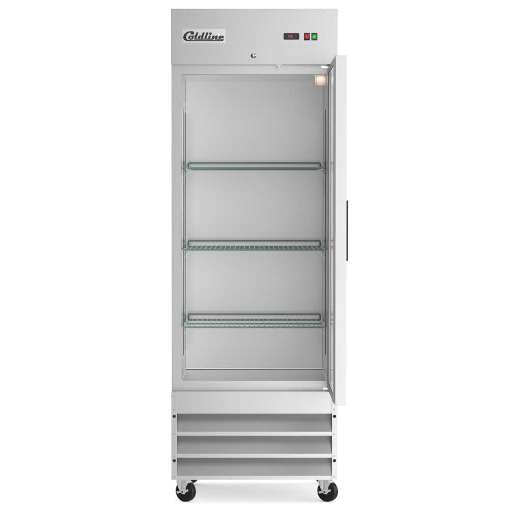 Single-door reach-in refrigerator with a 25-inch width, 23.5-inch narrow depth, and 64.7-inch height, featuring a stainless steel interior and exterior. It has an 11 cubic foot capacity for storage.