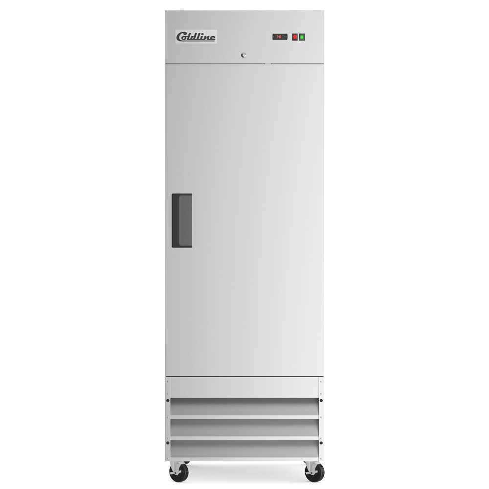 Single-door reach-in refrigerator with a 25-inch width, 23.5-inch narrow depth, and 64.7-inch height, featuring a stainless steel interior and exterior. It has an 11 cubic foot capacity for storage.