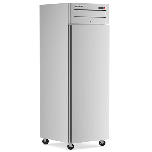 Single-door 29-inch reach-in freezer with a 32-inch depth, stainless steel interior and exterior, 21.68 cubic foot storage capacity, and top-mounted compressor.