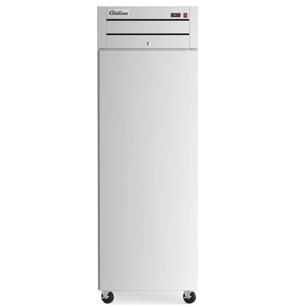 Single-door 29-inch reach-in freezer with a 32-inch depth, stainless steel interior and exterior, 21.68 cubic foot storage capacity, and top-mounted compressor.