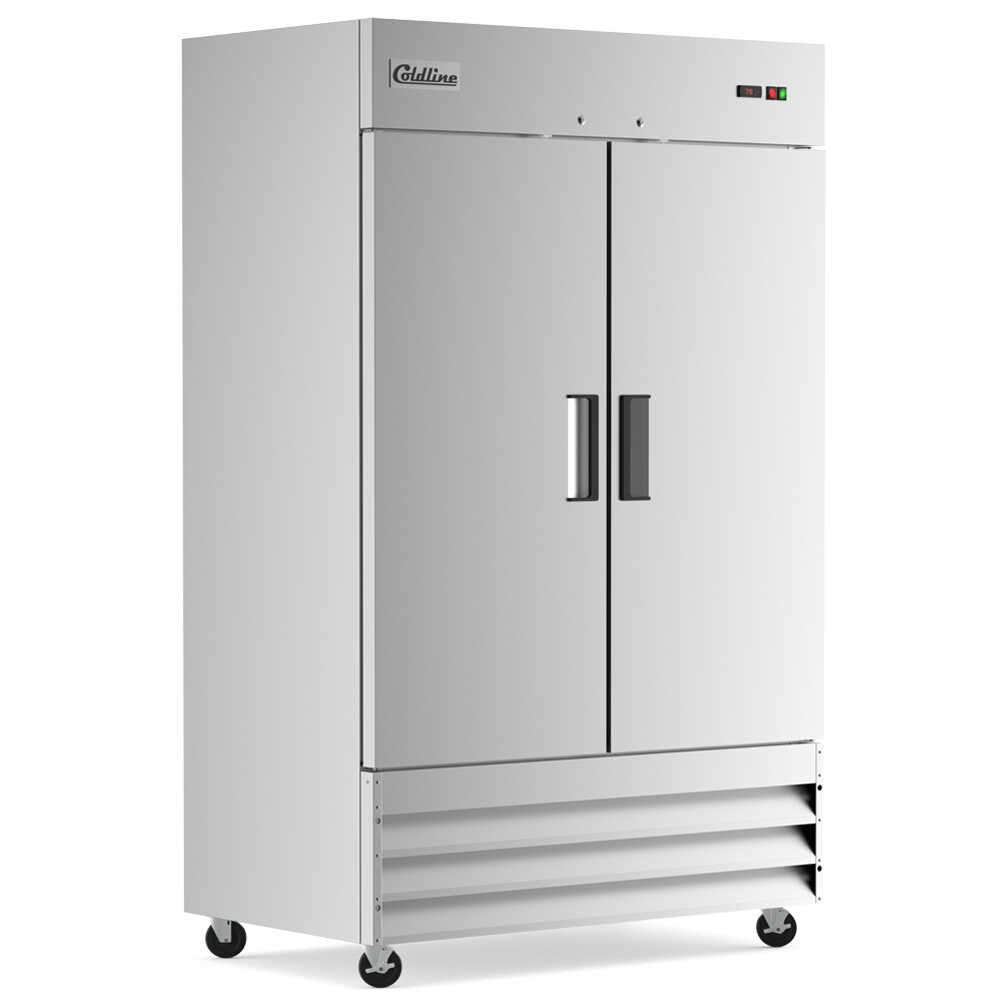 Two-door 54-inch reach-in freezer with a 32-inch depth, stainless steel interior and exterior, and a 41.3 cubic foot storage capacity.