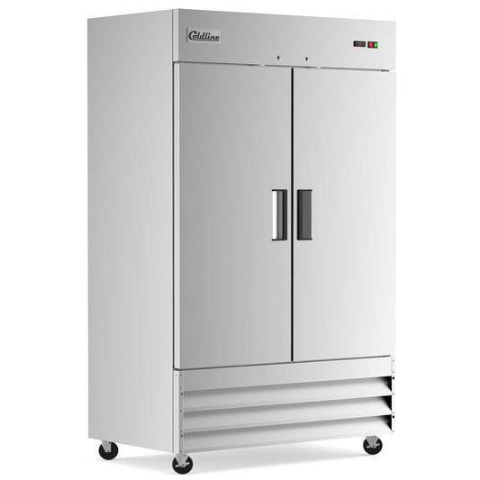 Two-door 54-inch reach-in freezer with a 32-inch depth, stainless steel interior and exterior, and a 41.3 cubic foot storage capacity.