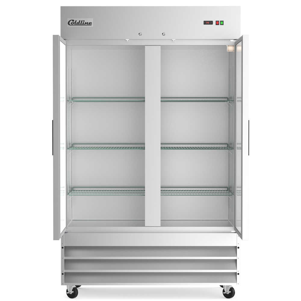 Two-door 54-inch reach-in freezer with a 32-inch depth, stainless steel interior and exterior, and a 41.3 cubic foot storage capacity.