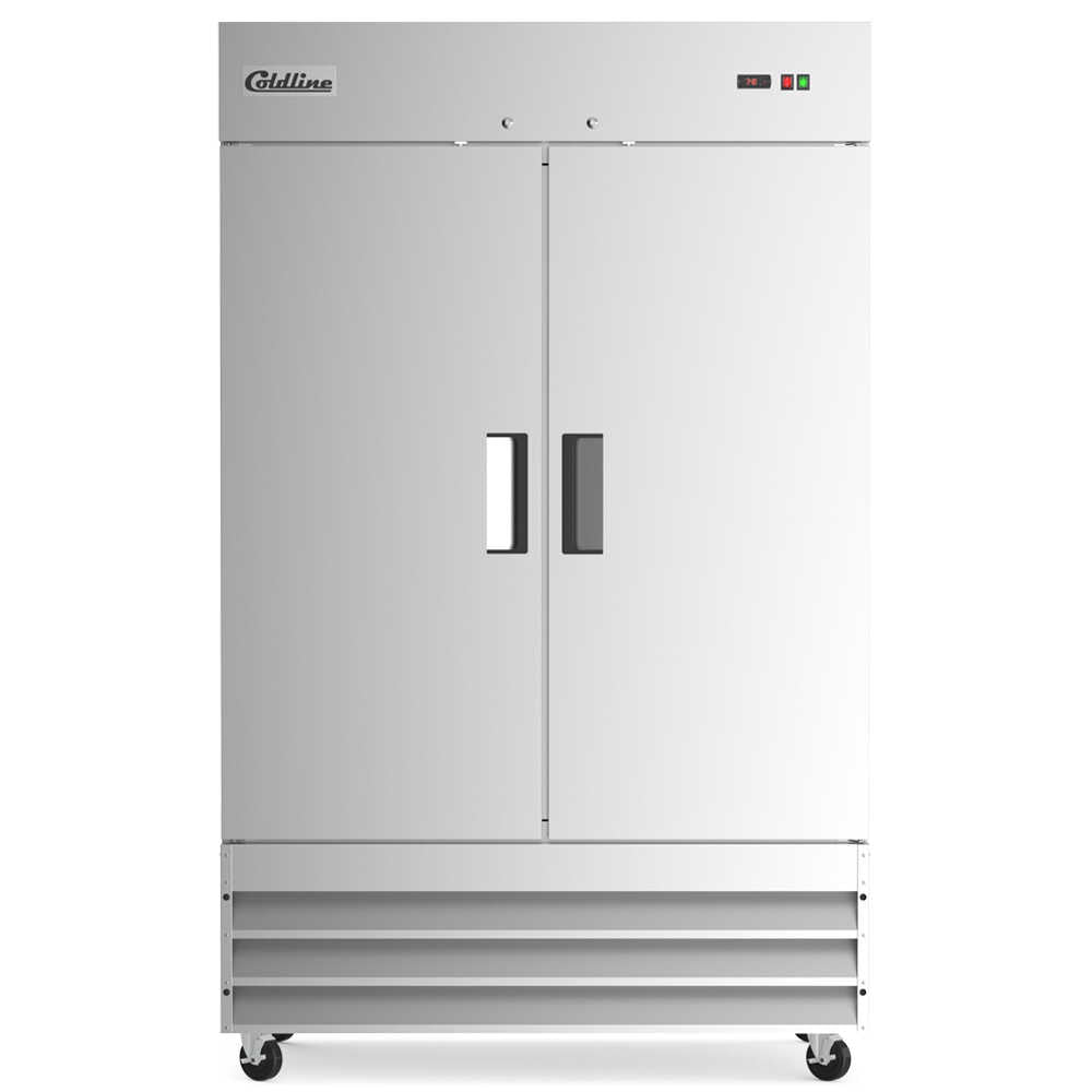 Two-door 54-inch reach-in freezer with a 32-inch depth, stainless steel interior and exterior, and a 41.3 cubic foot storage capacity.