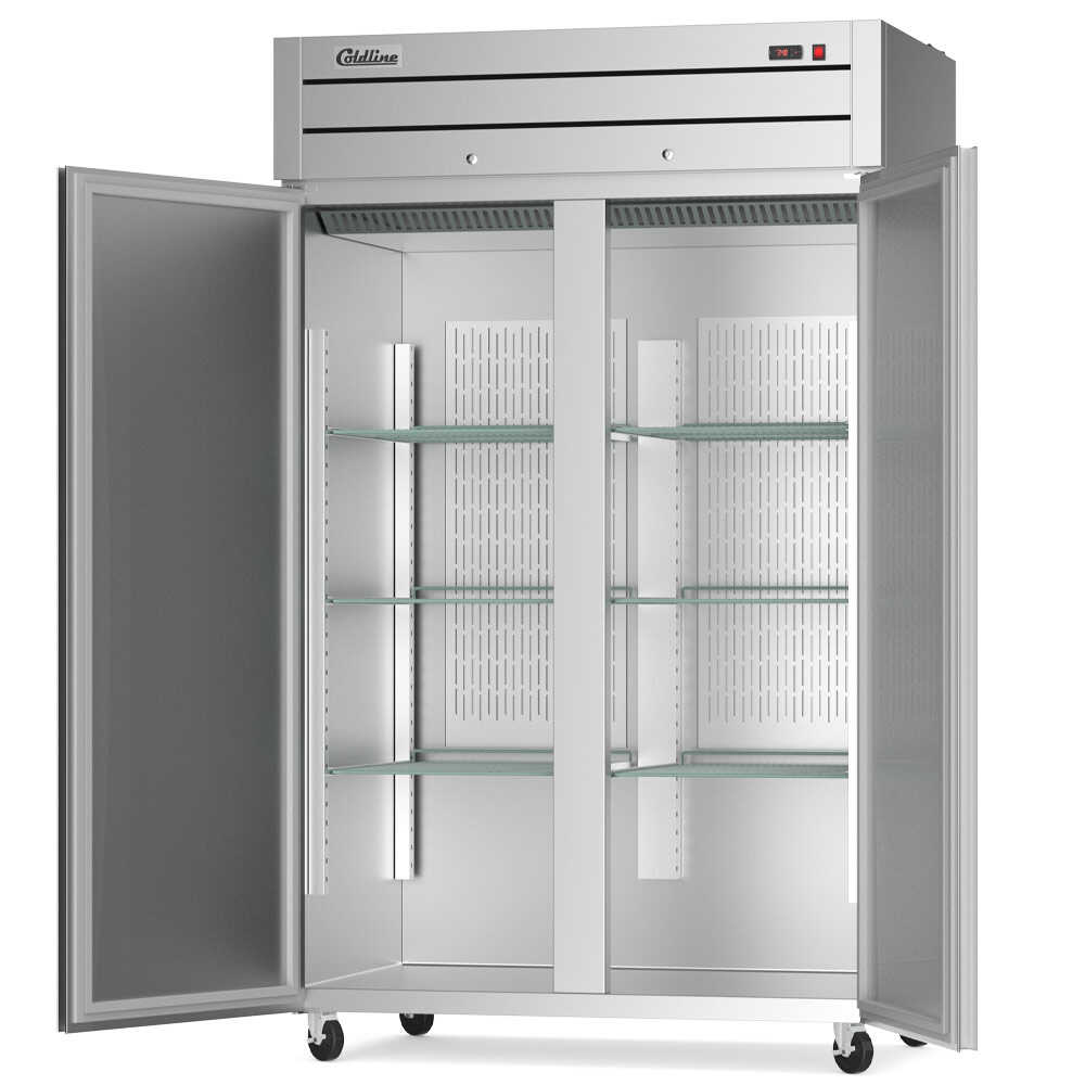Two-door 54-inch reach-in refrigerator with a 32-inch depth, stainless steel interior and exterior, and a 43.93 cubic foot storage capacity.