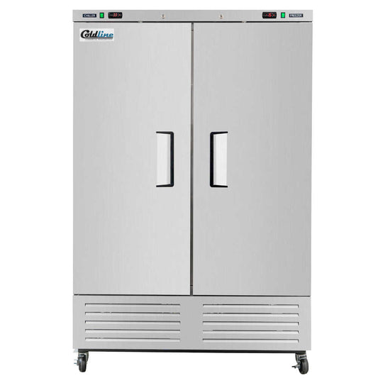 Two-door 54-inch dual temperature reach-in refrigerator/freezer with a 32-inch depth, featuring stainless steel interior and exterior.