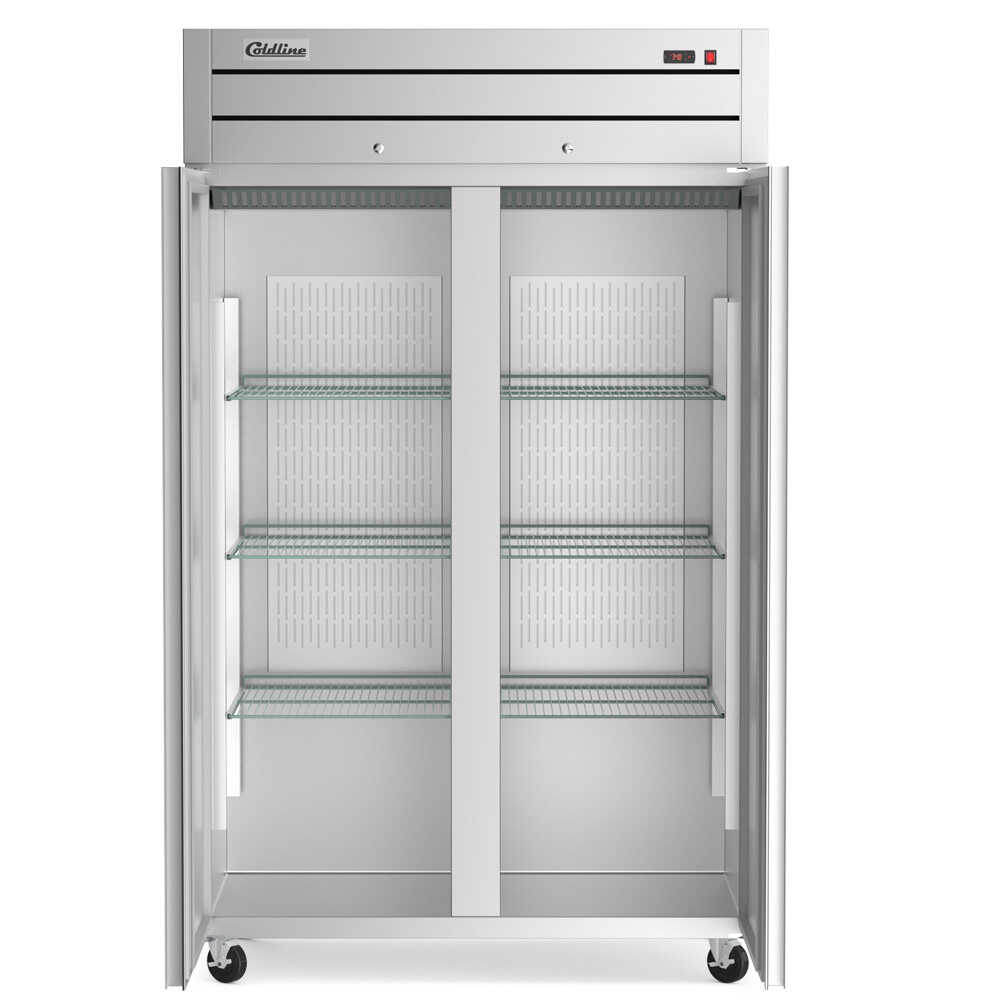 Two-door 54-inch reach-in refrigerator with a 32-inch depth, stainless steel interior and exterior, and a 43.93 cubic foot storage capacity.