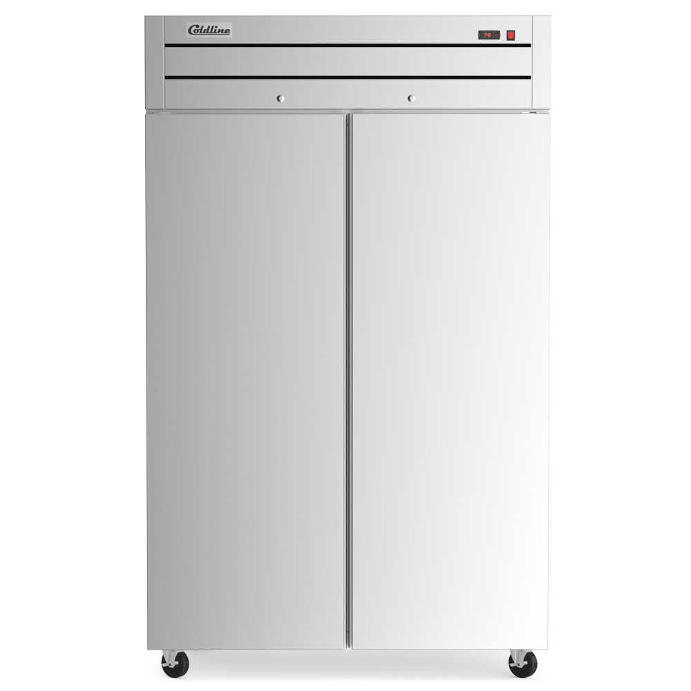 Two-door 54-inch reach-in refrigerator with a 32-inch depth, stainless steel interior and exterior, and a 43.93 cubic foot storage capacity.