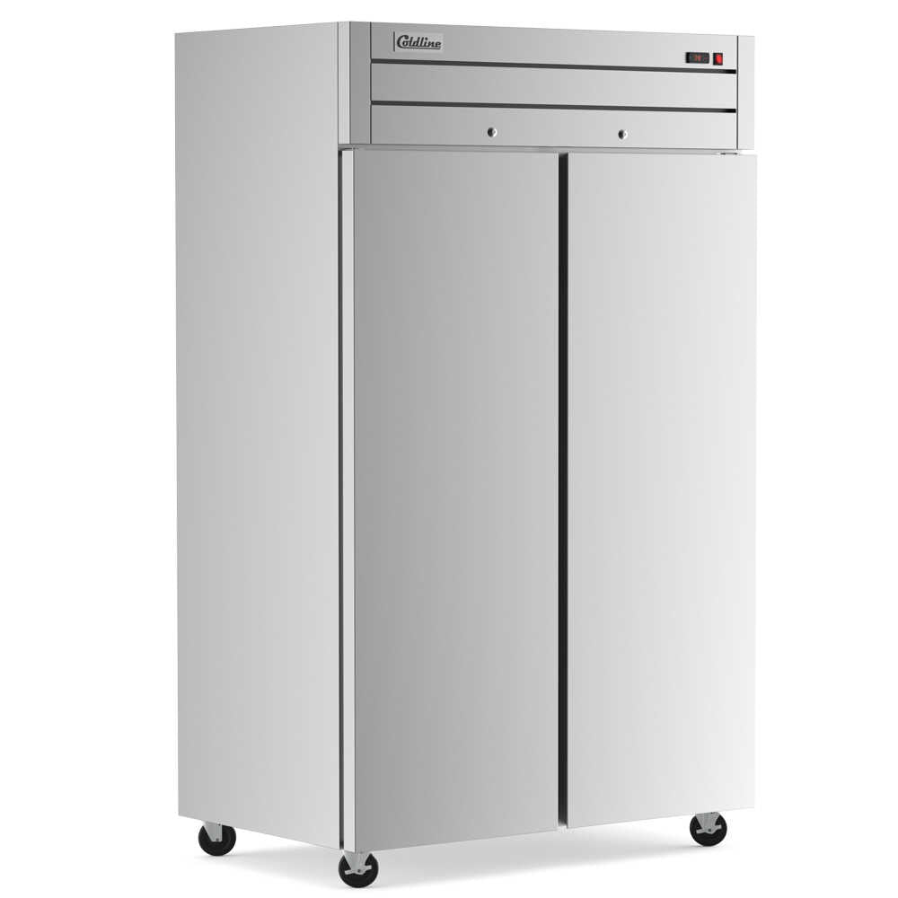 Two-door 54-inch reach-in refrigerator with a 32-inch depth, stainless steel interior and exterior, and a 43.93 cubic foot storage capacity.
