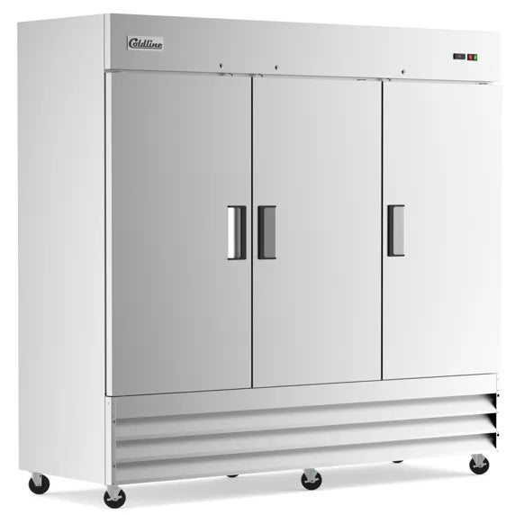 Coldline C-3FF 81-inch three-door commercial reach-in freezer in stainless steel, built for restaurant kitchens to store frozen foods with consistent low temperatures and easy organized access.
