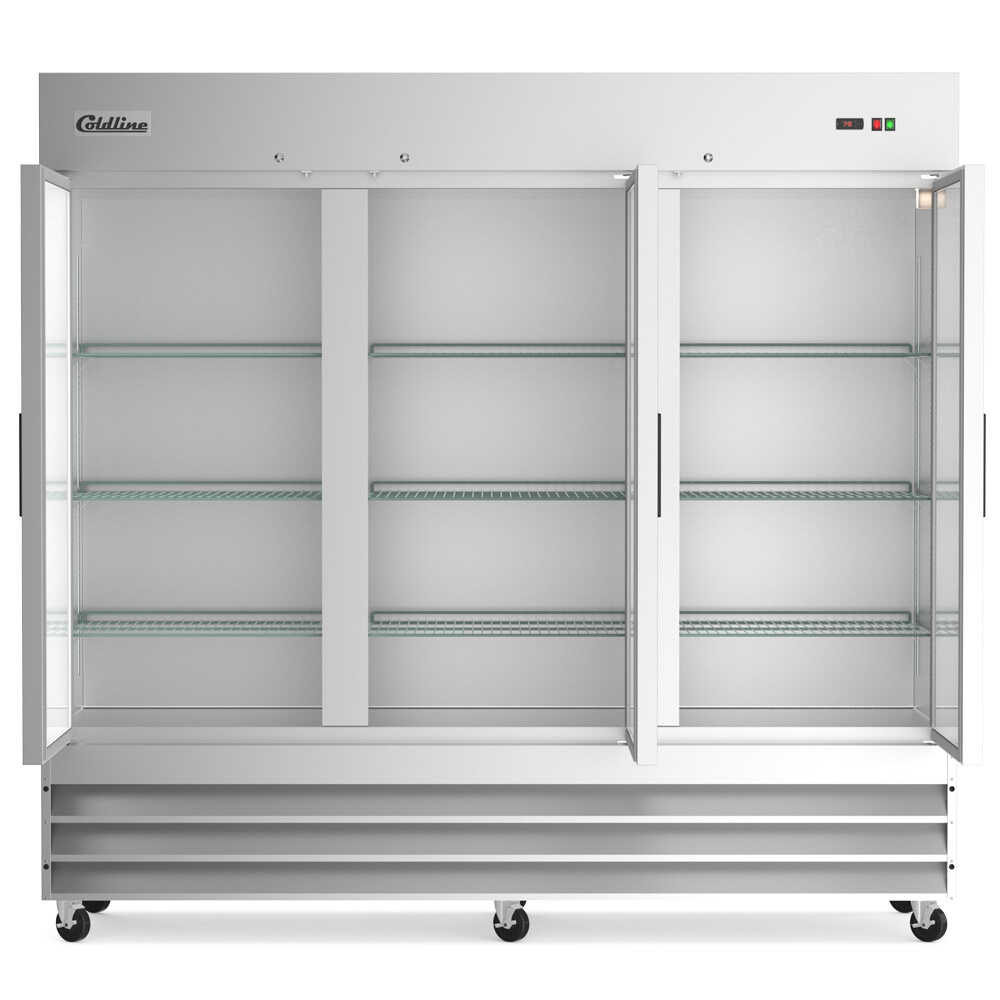 Three-door 81-inch reach-in freezer with a 32-inch depth, stainless steel interior and exterior, and a 66.5 cubic foot storage capacity.